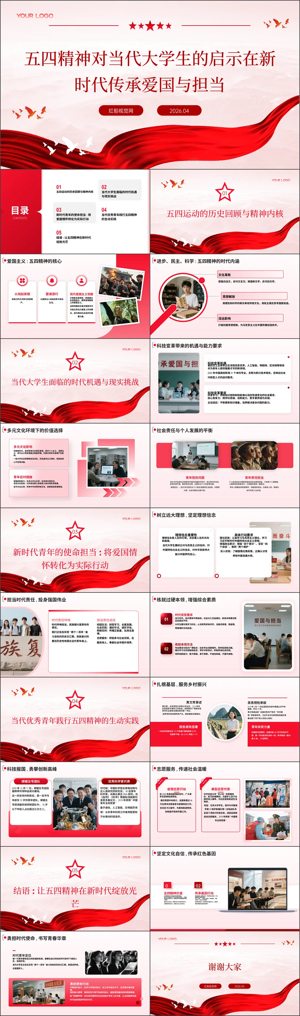 2026年大学生五四精神对当代大学生的启示在新时代传承爱国与担当主题班会ppt带讲稿